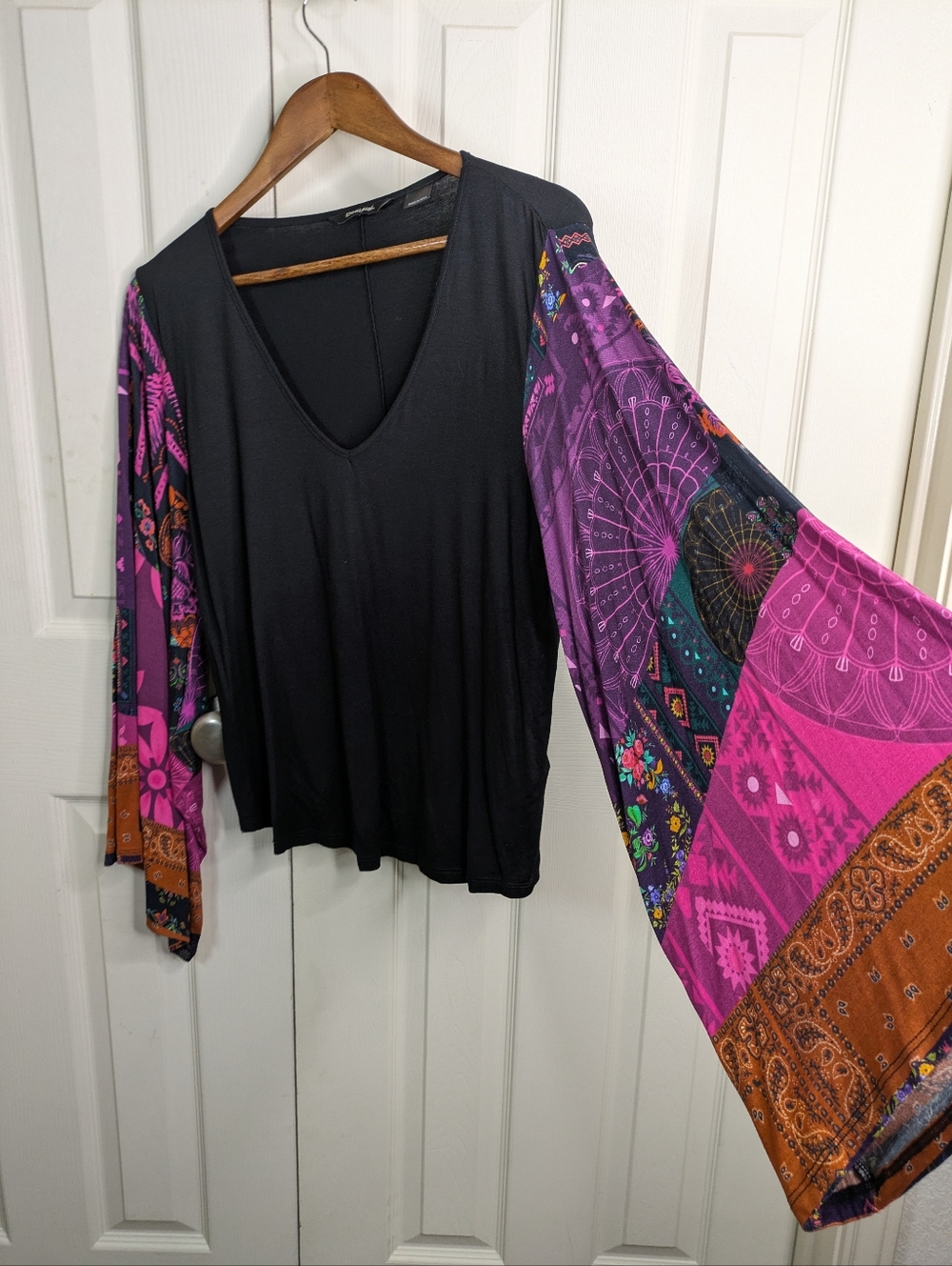 Desigual Moments Top Large Black Patch Print Floral Flared Sleeve Festival Boho - Picture 4 of 10